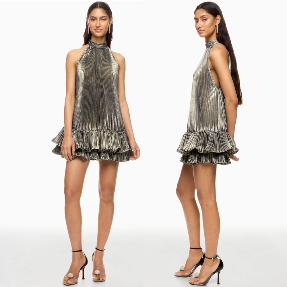 L'IDEE Dress Soleil Metallic Black Pleated Halter Mini Dress Ruffle Size XS